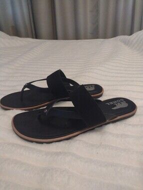 Sorel Thong Womens 10 Black Ella Slip On Genuine Leather Sandal Flip Flop Strap